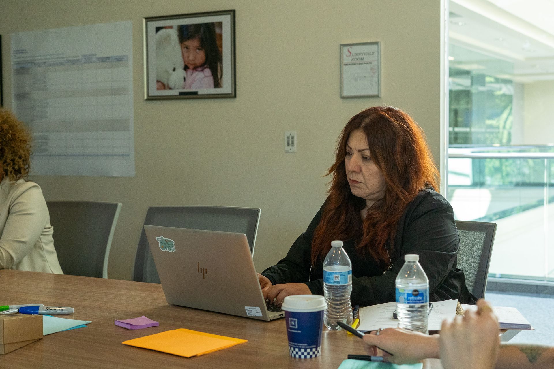 People seated at a conference table, one woman using a laptop in a meeting room.