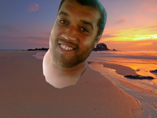 Cutout head smiling over a sunset beach with pink-orange sky and calm shoreline.
