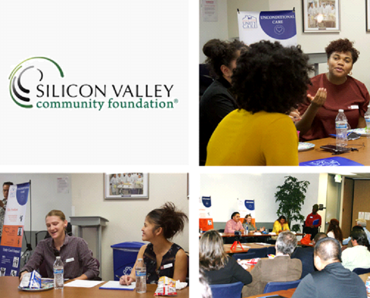 Silicon Valley Community Foundation logo and people in a meeting room discussing at tables