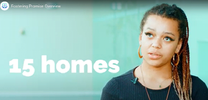 Young woman with braided hair beside large white text reading “15 homes” on a teal background