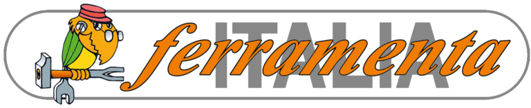 Logo Ferramenta con scritta arancione e un piccolo operaio stilizzato che tiene in mano una chiave inglese.