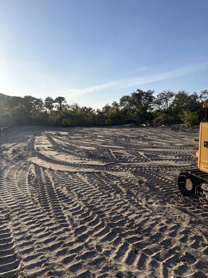 Bulldozer tire tracks in a dirt lot at sunrise, with trees and a blue sky in the background