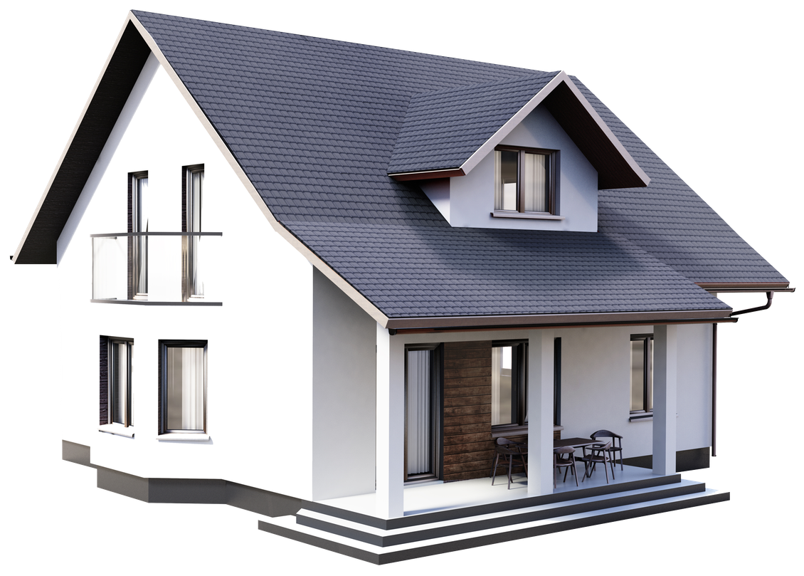 A white house with a black roof and a porch