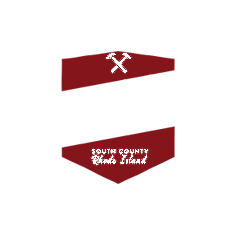 Maroon South County Rhode Island logo with crossed hammers and text on a white background