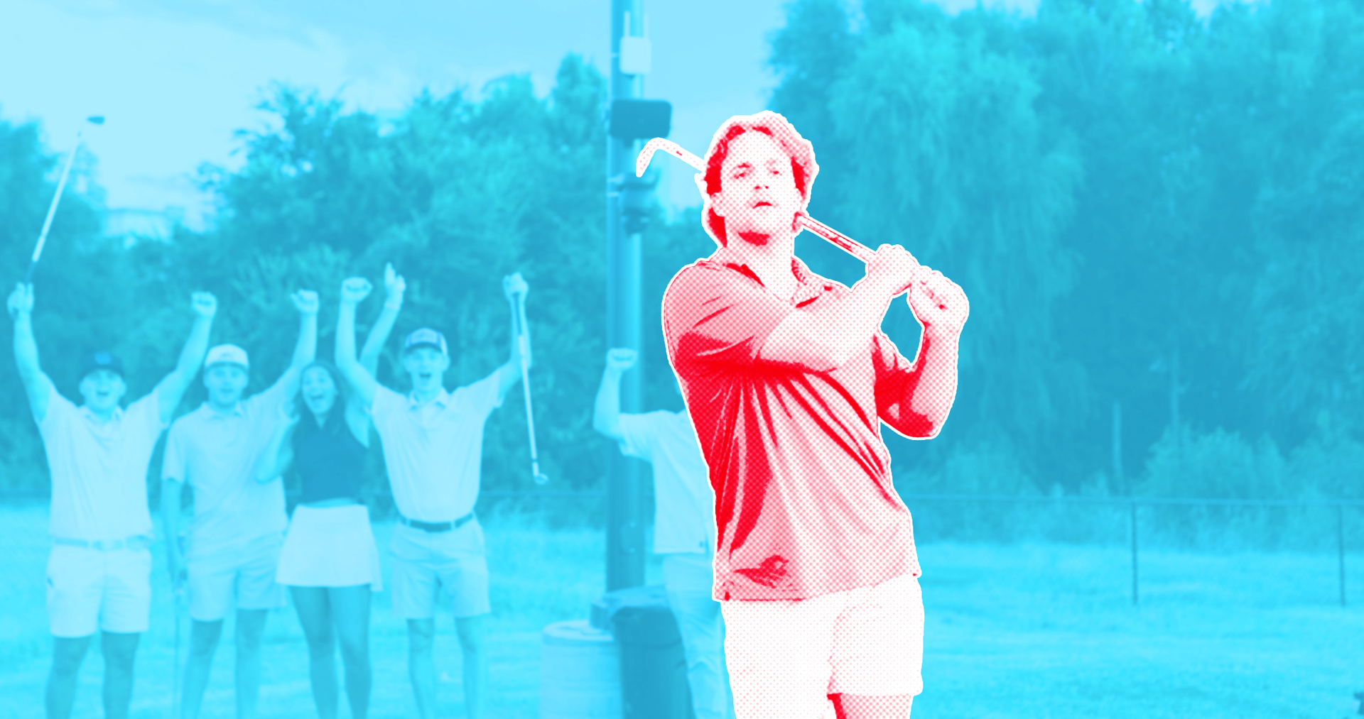 A golfer in a red shirt swings a club on a course, with cheering people blurred in the background.