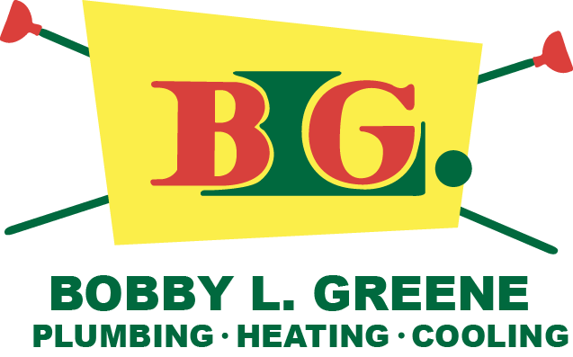 Logo for Bobby L. Greene, plumbing, heating, and cooling services. red initials