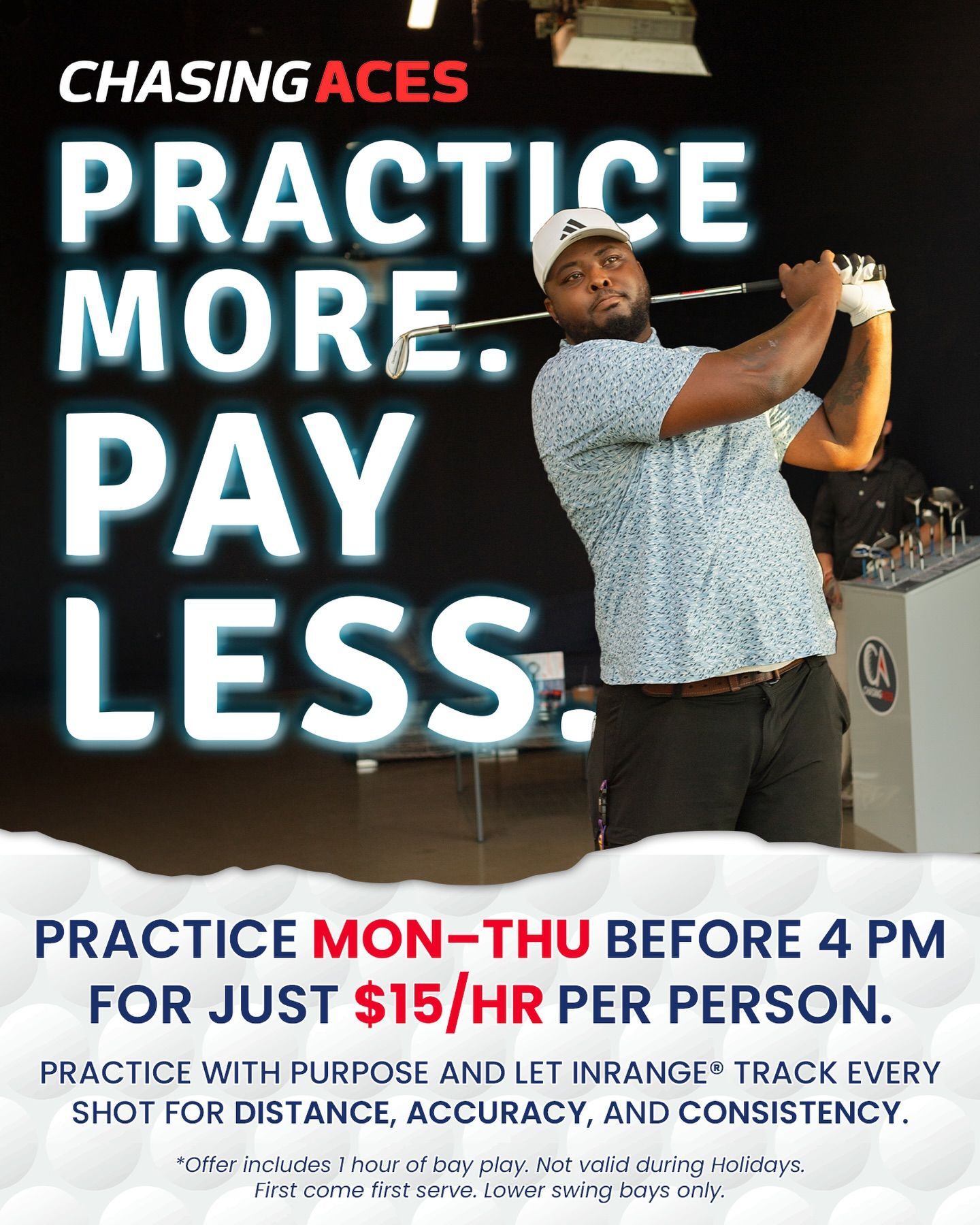 A golfer mid-swing with text advertising practice rates of $15 per hour, Monday-Thursday, before 4 PM.