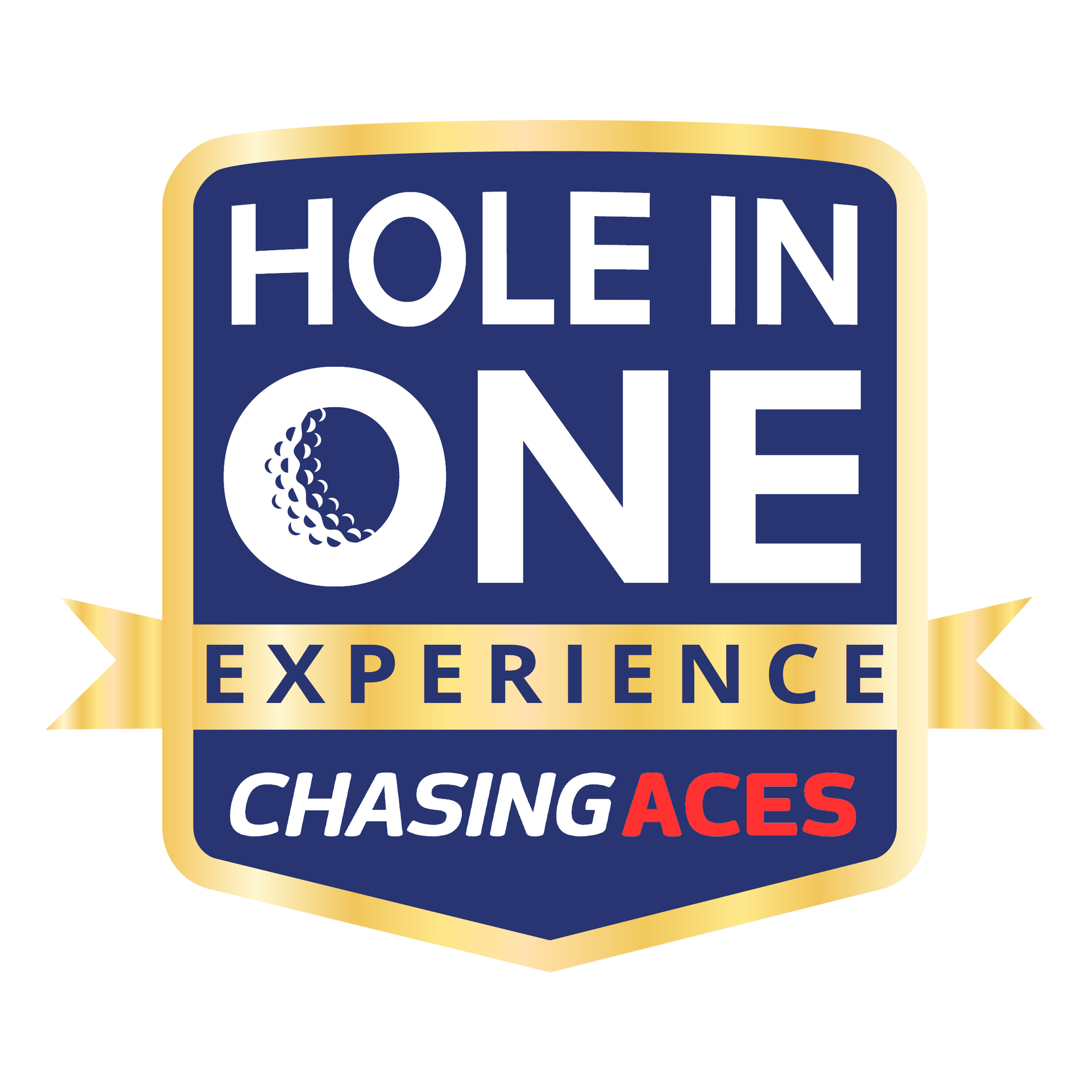 Logo for Hole in One Experience by Chasing Aces, blue and gold shield with text and golf ball icon.