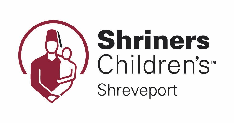 Logo for Shriners Children's Shreveport: Man in fez holding child, enclosed in a maroon circle, with hospital name.