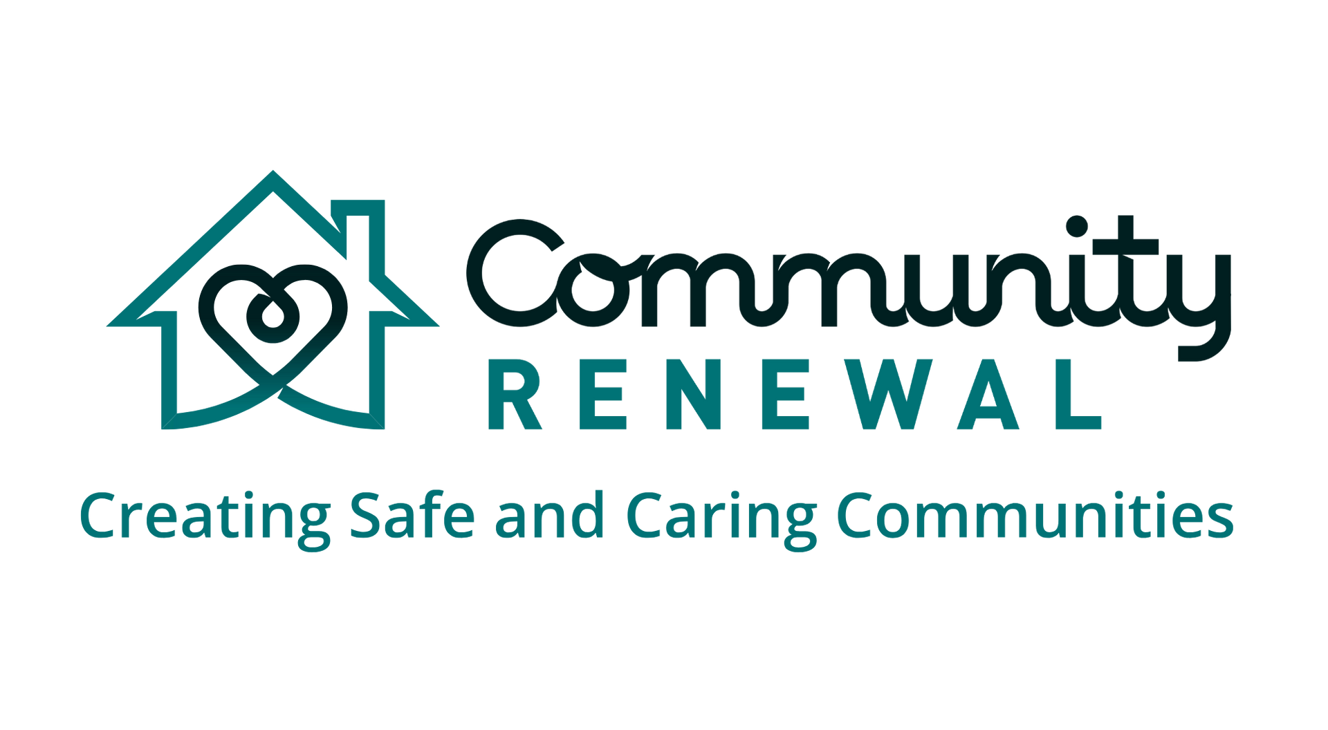 Logo for Community Renewal: teal house with heart; text 