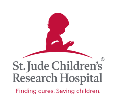 St. Jude Children's Research Hospital logo: red silhouette of a child, hands clasped, over hospital name.