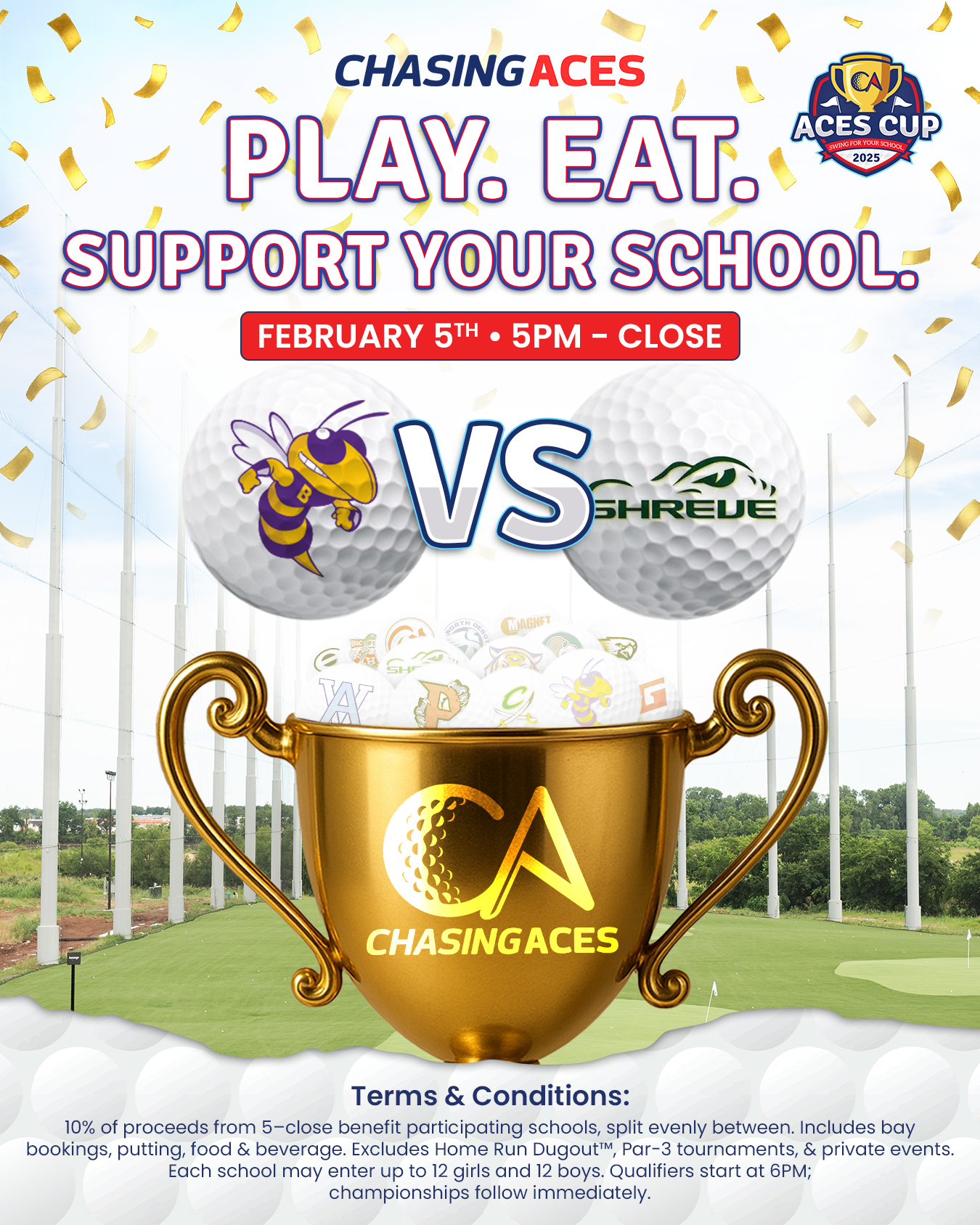 Chasing Aces event: golf balls vs. Shirede, December 11th, with a golden trophy. 