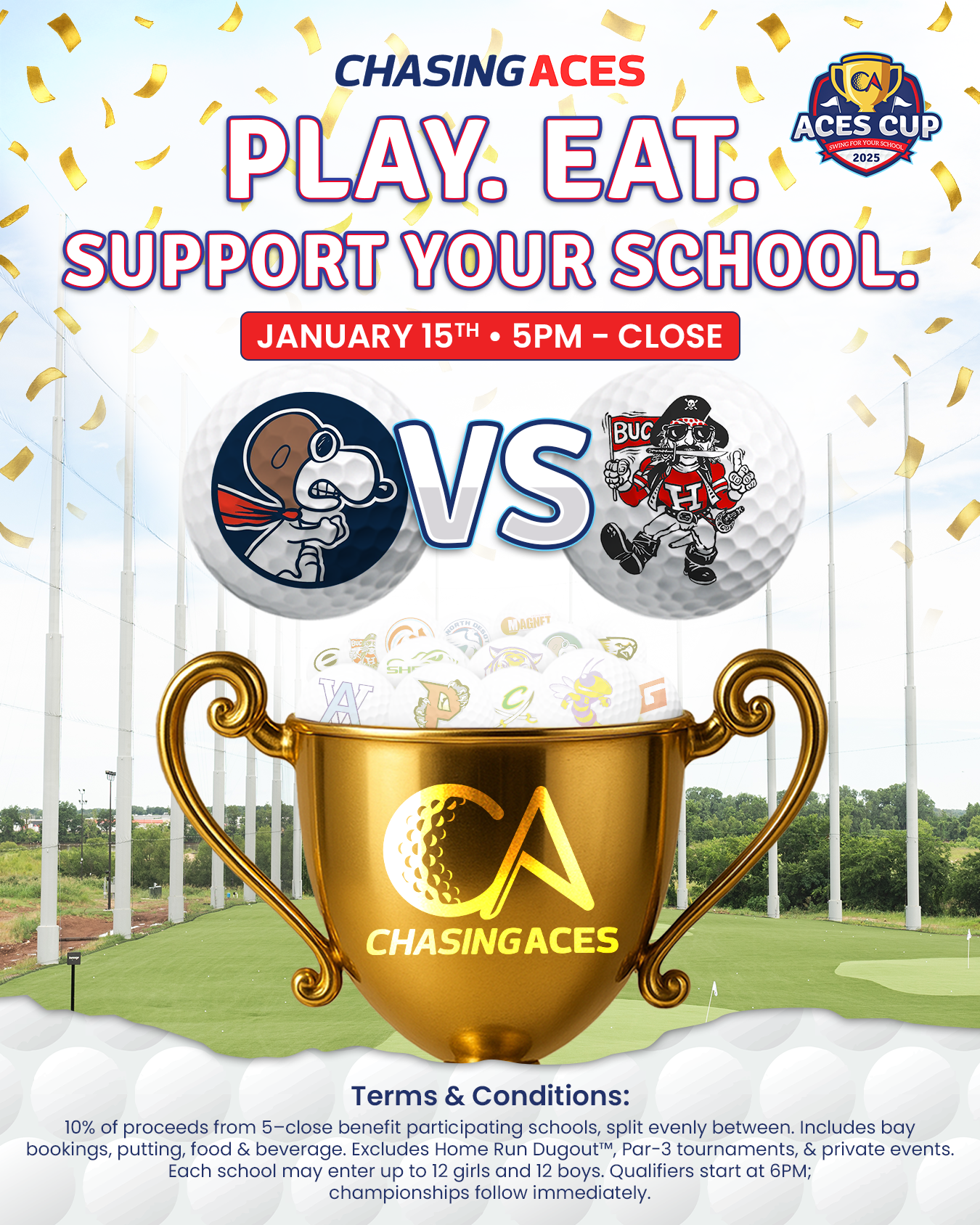 Poster for Chasing Aces golf event. With golf balls with mascots, trophy, and text: 