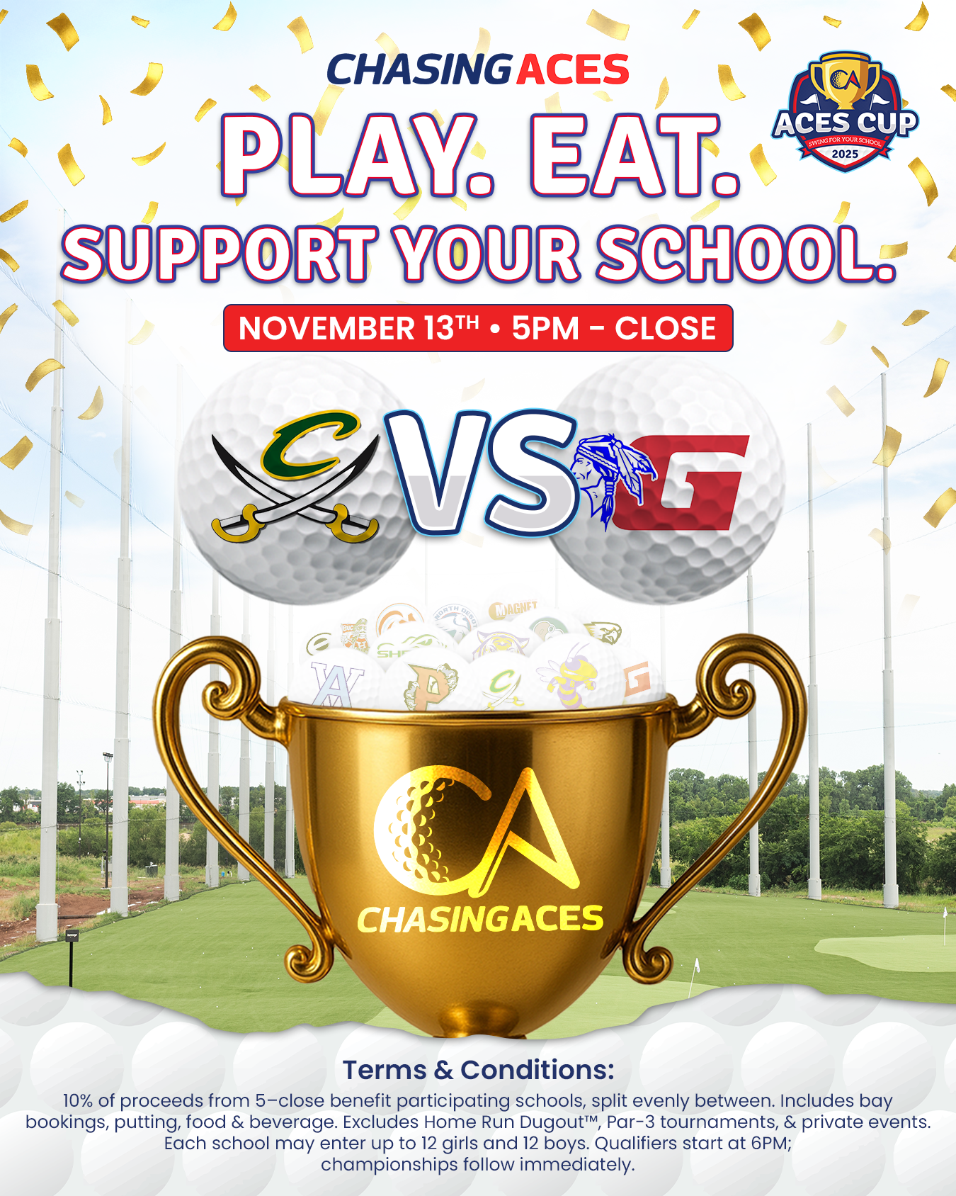 Golf event flyer. Two schools compete, 