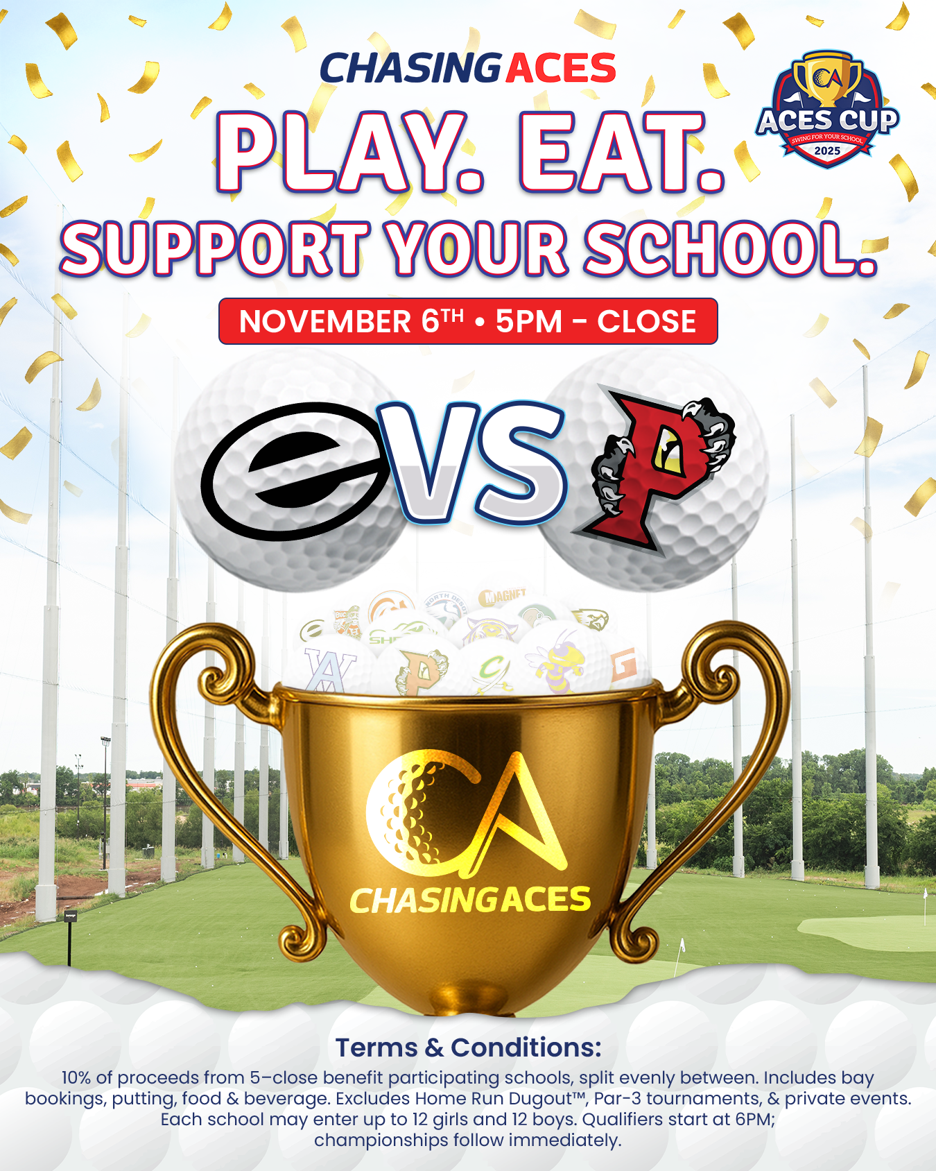 Flyer for Chasing Aces event, with golf balls of 