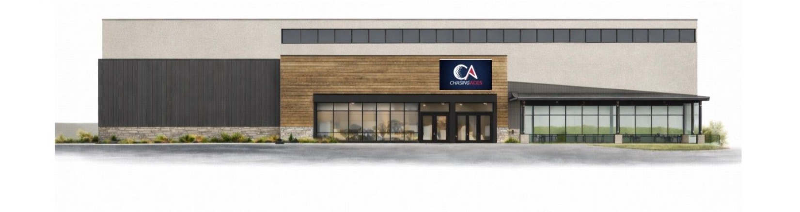 Modern storefront with large glass windows, wood and gray facade, and a central entrance under a logo sign.