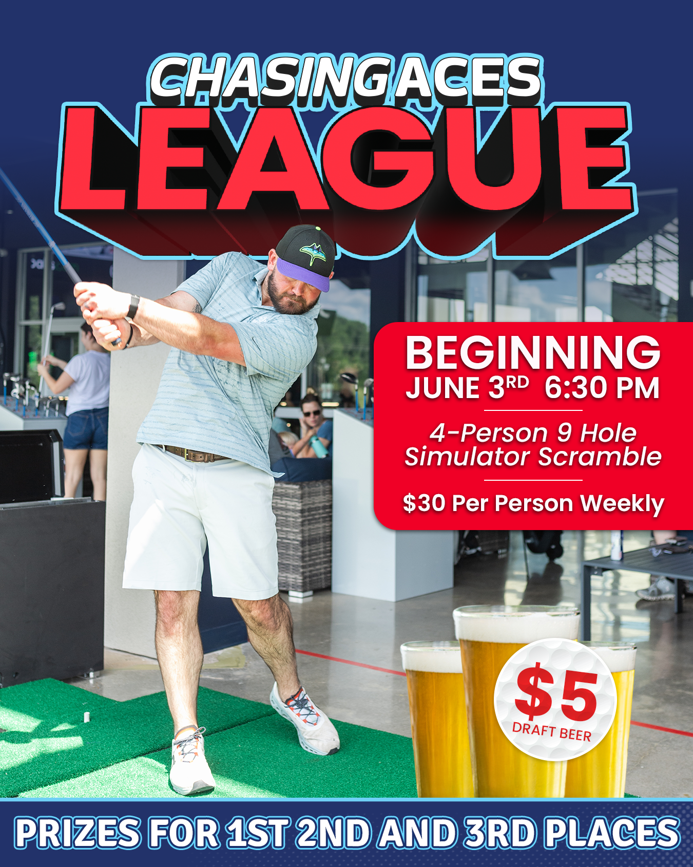 Poster for a Monday night long drive contest at Chasing Aces, featuring golf ball, prizes, and sign-up instructions.