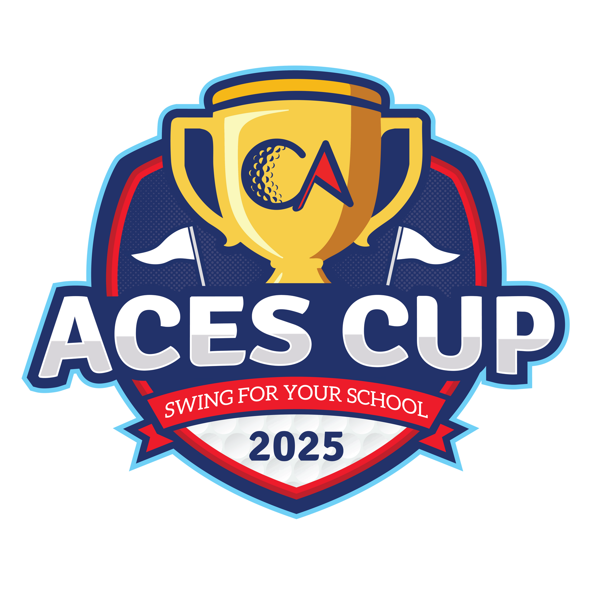 Logo for ACES CUP, golf tournament. Blue and red shield with gold trophy, golf ball, and 