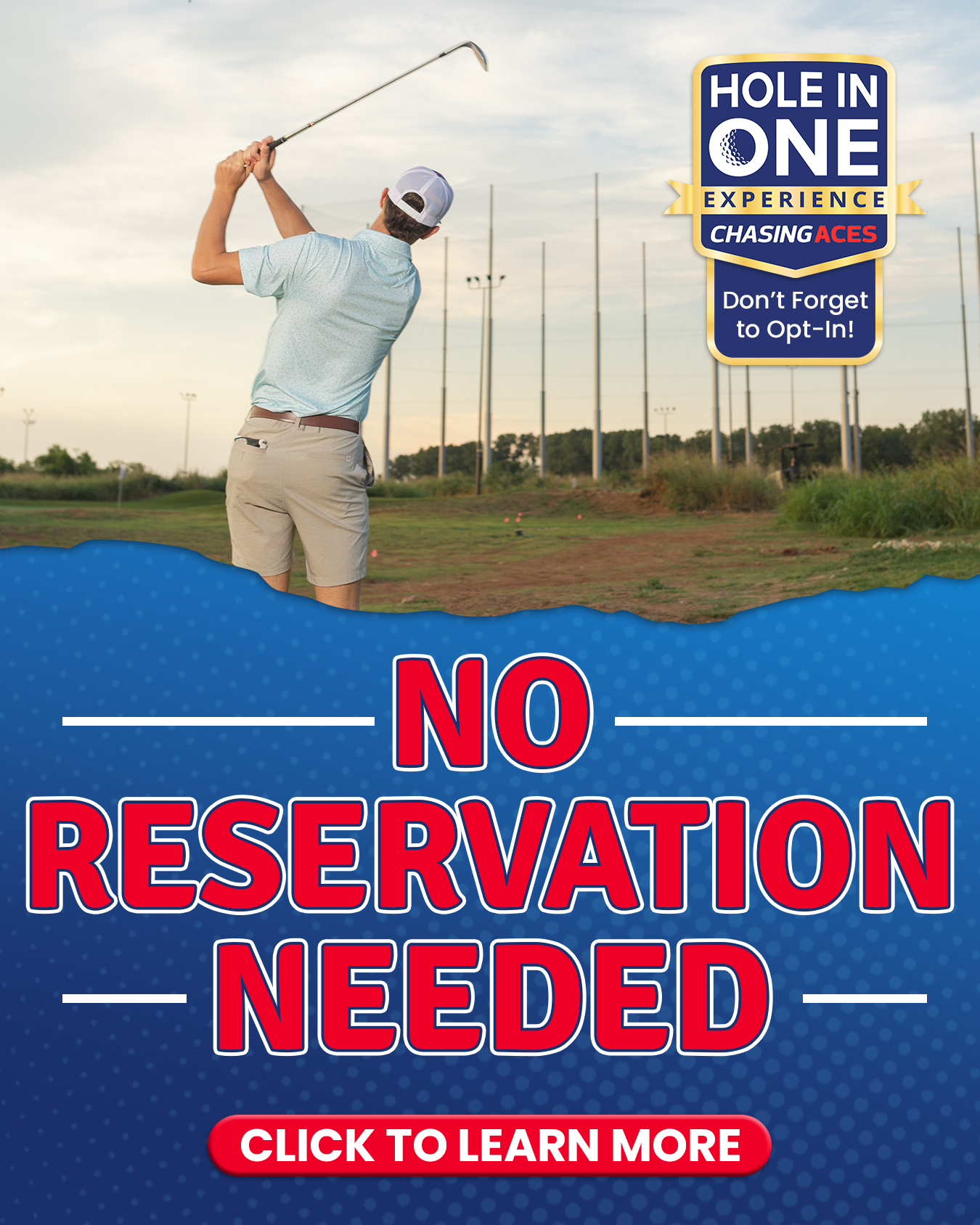 A golfer in a light blue shirt swings a club at an outdoor range. Text reads: 