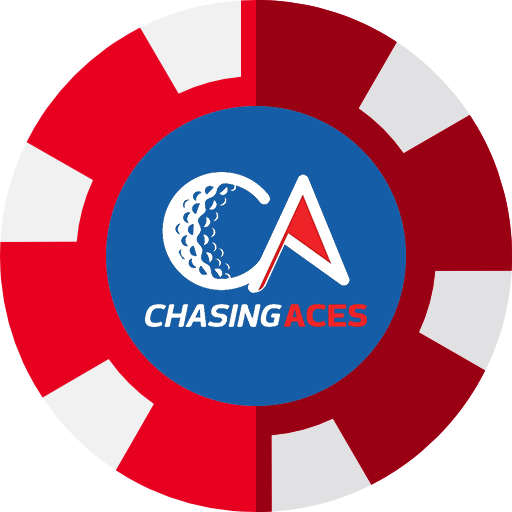 A circular poker chip with a red and white border and a blue center featuring a golf-themed 