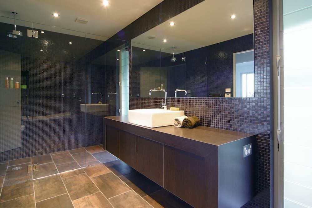 A Bathroom With Two Sinks , A Mirror And A Walk In Shower — South Coast Glass In South Nowra, NSW