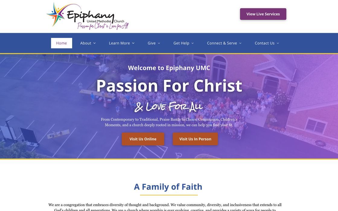 Epiphany United Methodist Church website homepage, designed by Impulse Strategies
