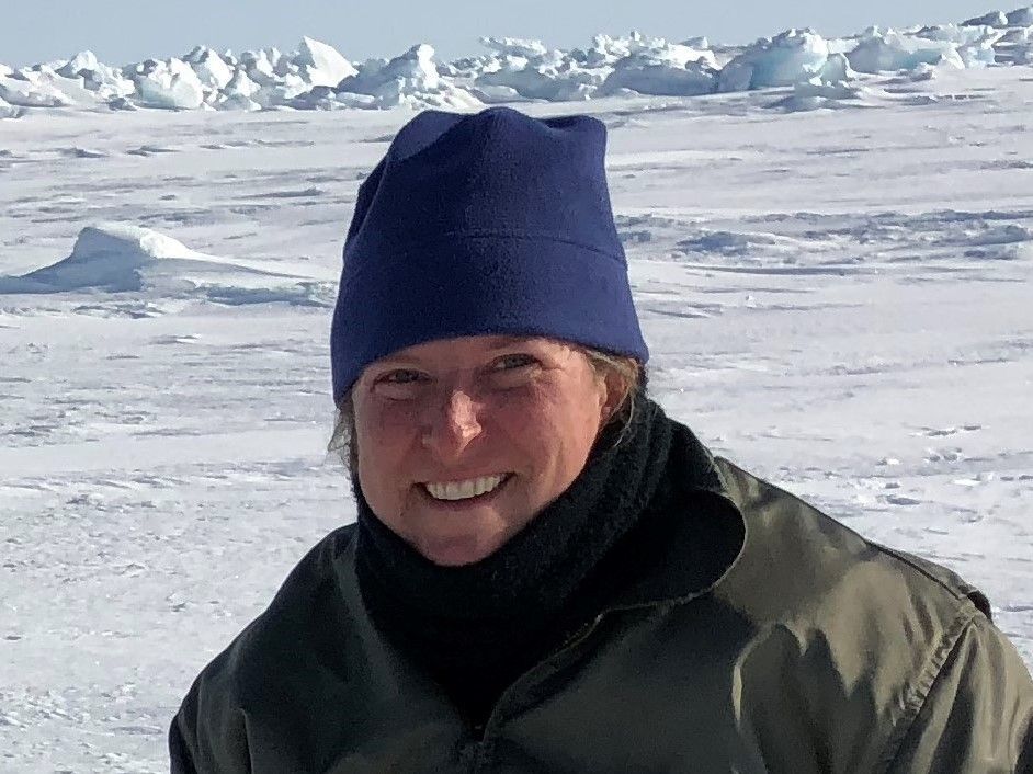 Person smiling in a blue beanie and dark jacket on a snowy, icy landscape