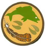 HOME Circular logo with a green reptile and a brown feather on a tan background