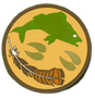 HOME Circular logo with a green reptile and a brown feather on a tan background