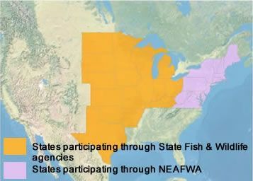 Map showing orange and purple regions with legend for fish and wildlife agency participation.