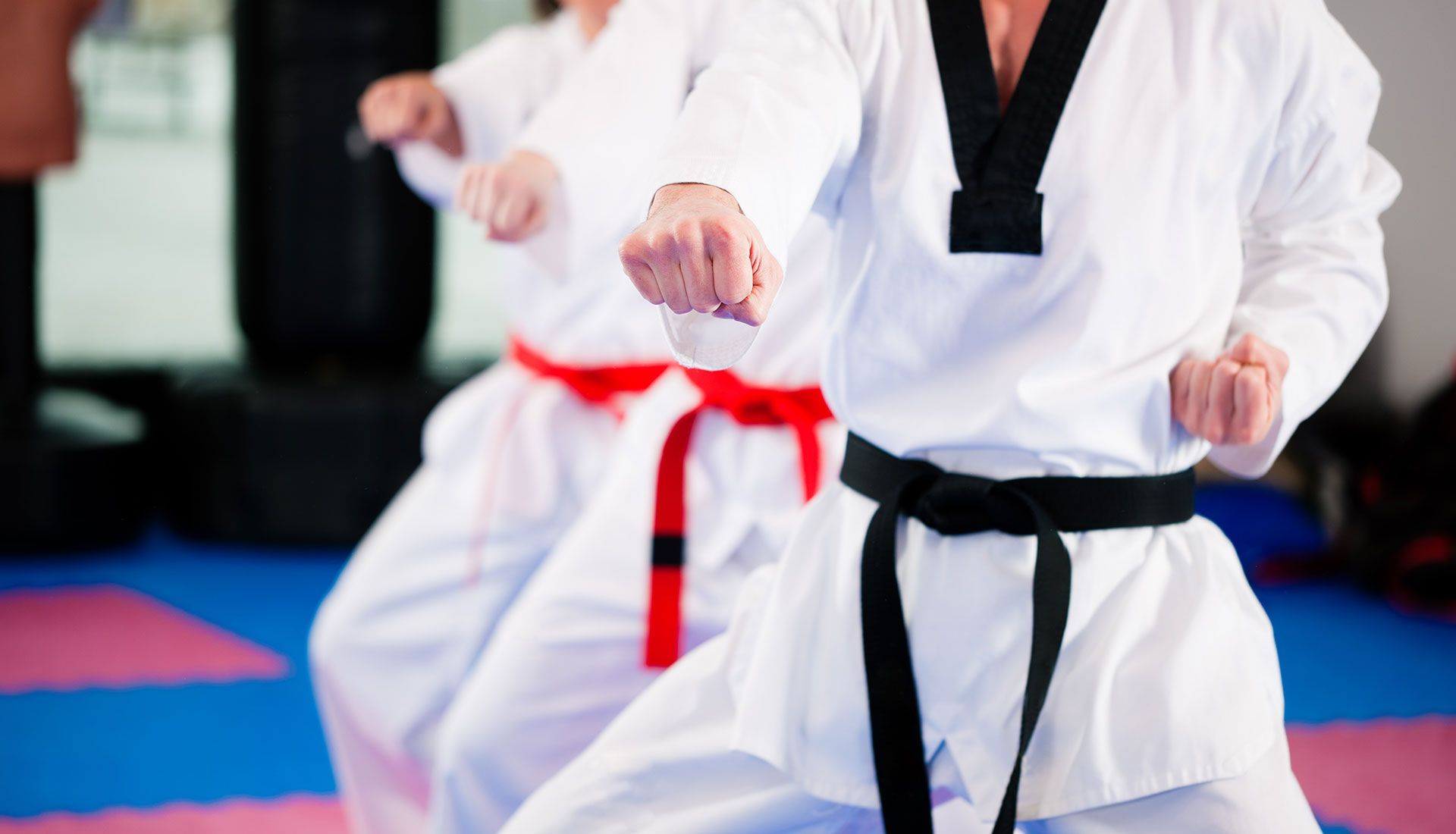 People in martial arts uniforms, performing a punch, one with a black belt, others with red.