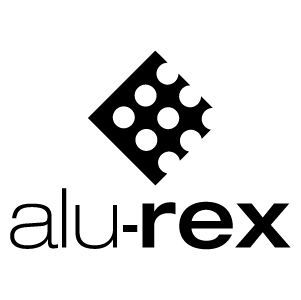 Alu-rex logo with black stylized geometric icon and lowercase text on white background