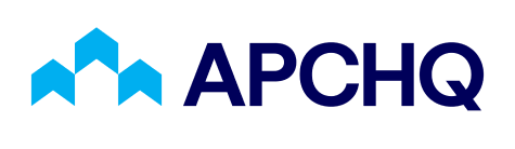 Logo APCHQ avec icône géométrique bleue et texte bleu foncé sur fond blanc