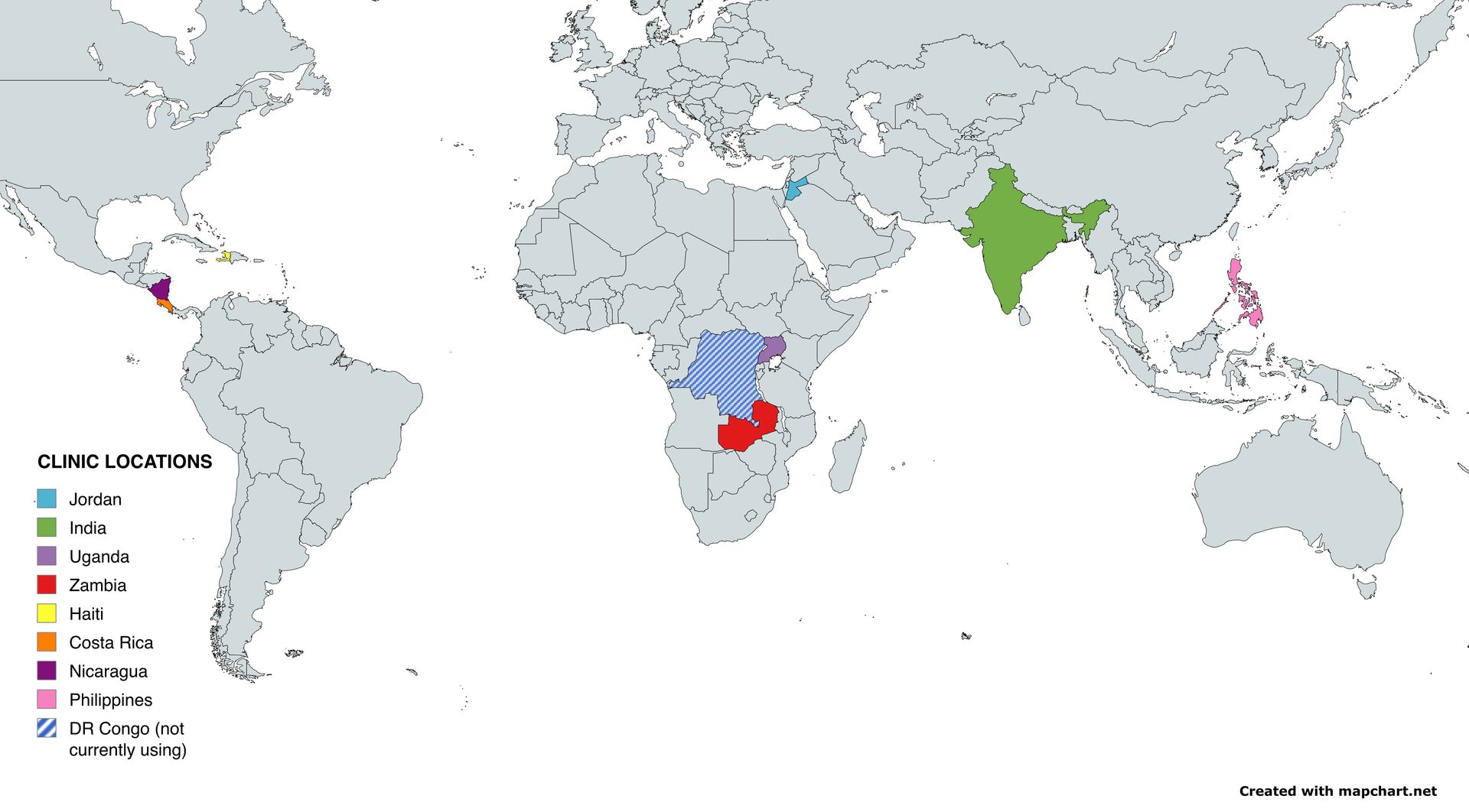 World map highlighting countries: Japan, India, Zambia, Costa Rica, Philippines, and others.