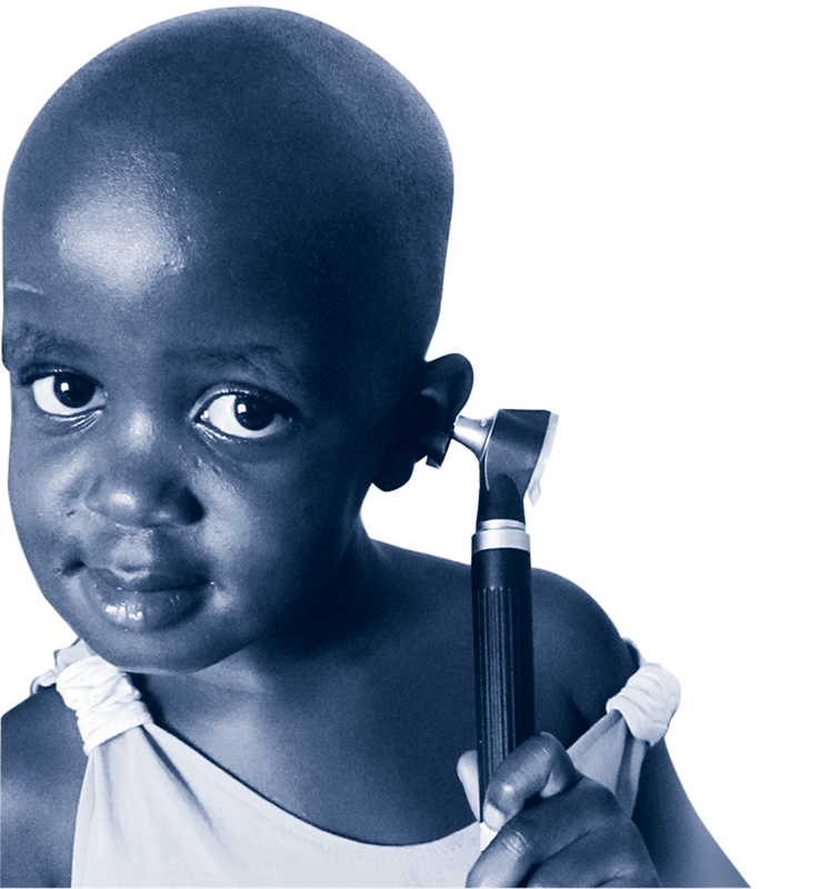 Black child holding an otoscope near their ear, smiling, with a white background.