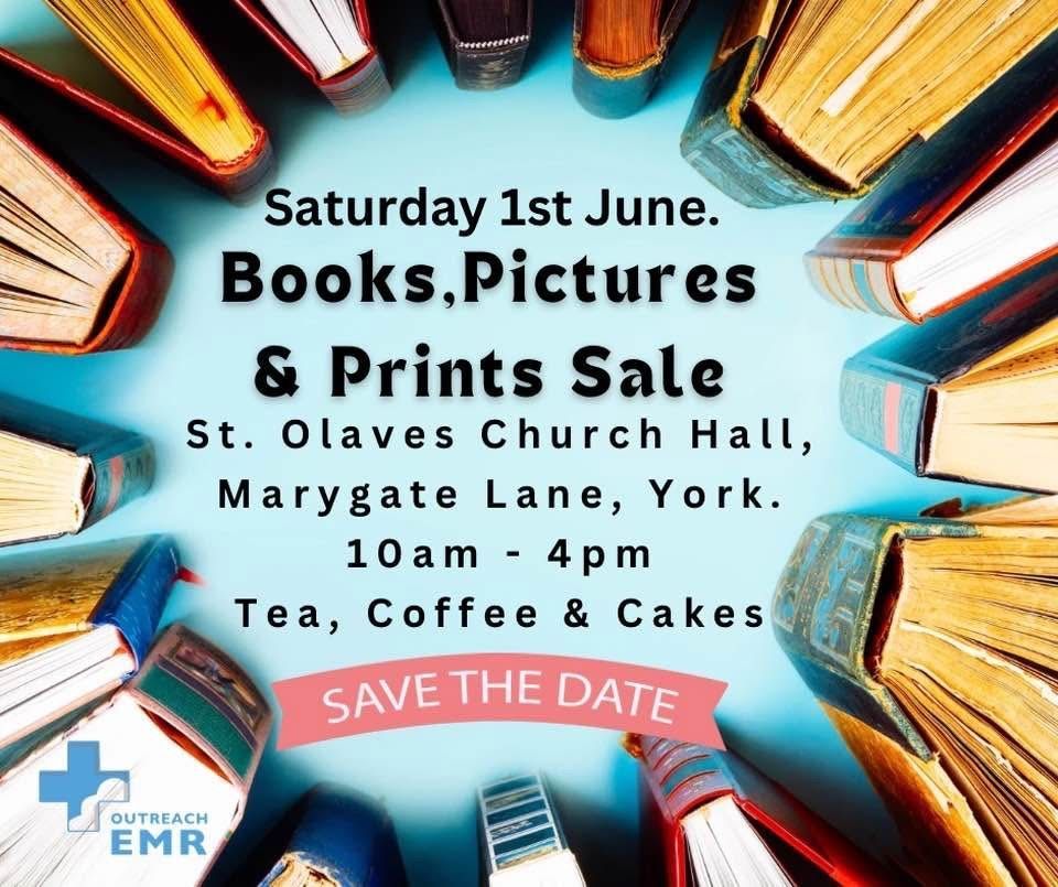 Book sale flyer, June 1st at St. Olaves Church Hall, York. Features books, coffee, and cakes.