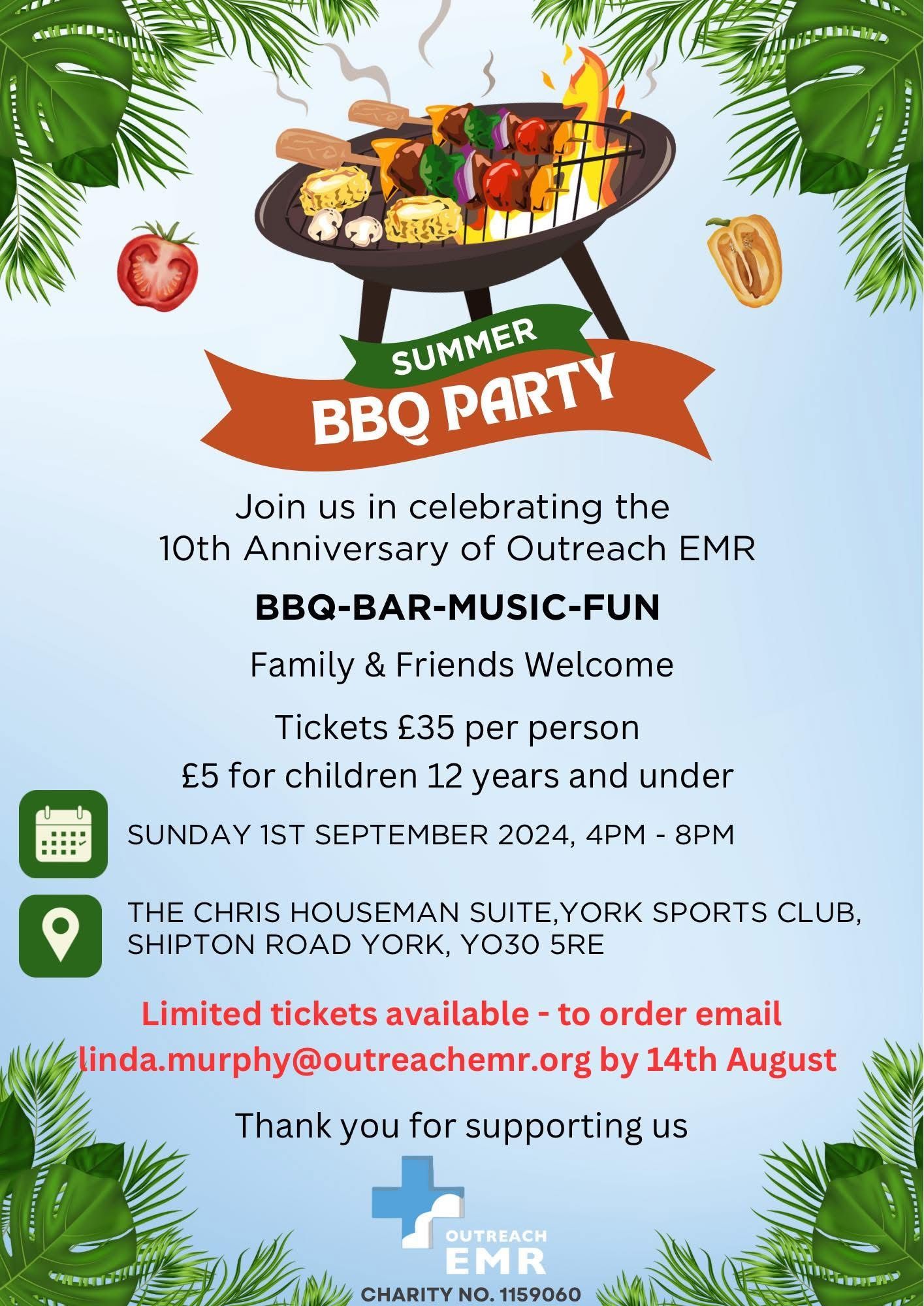BBQ party flyer: celebrating Outreach EMR's 10th anniversary with food, music & fun in York, Sept 1, 2024.
