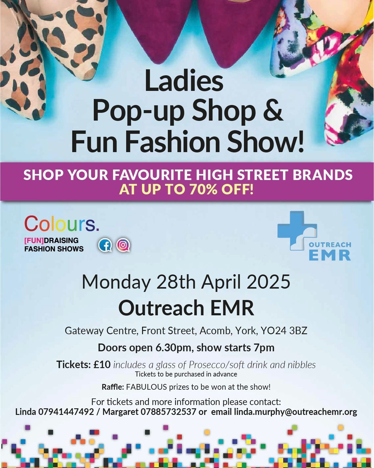 Poster for a ladies' pop-up shop and fashion show in York on April 28, 2025, selling high street brands.