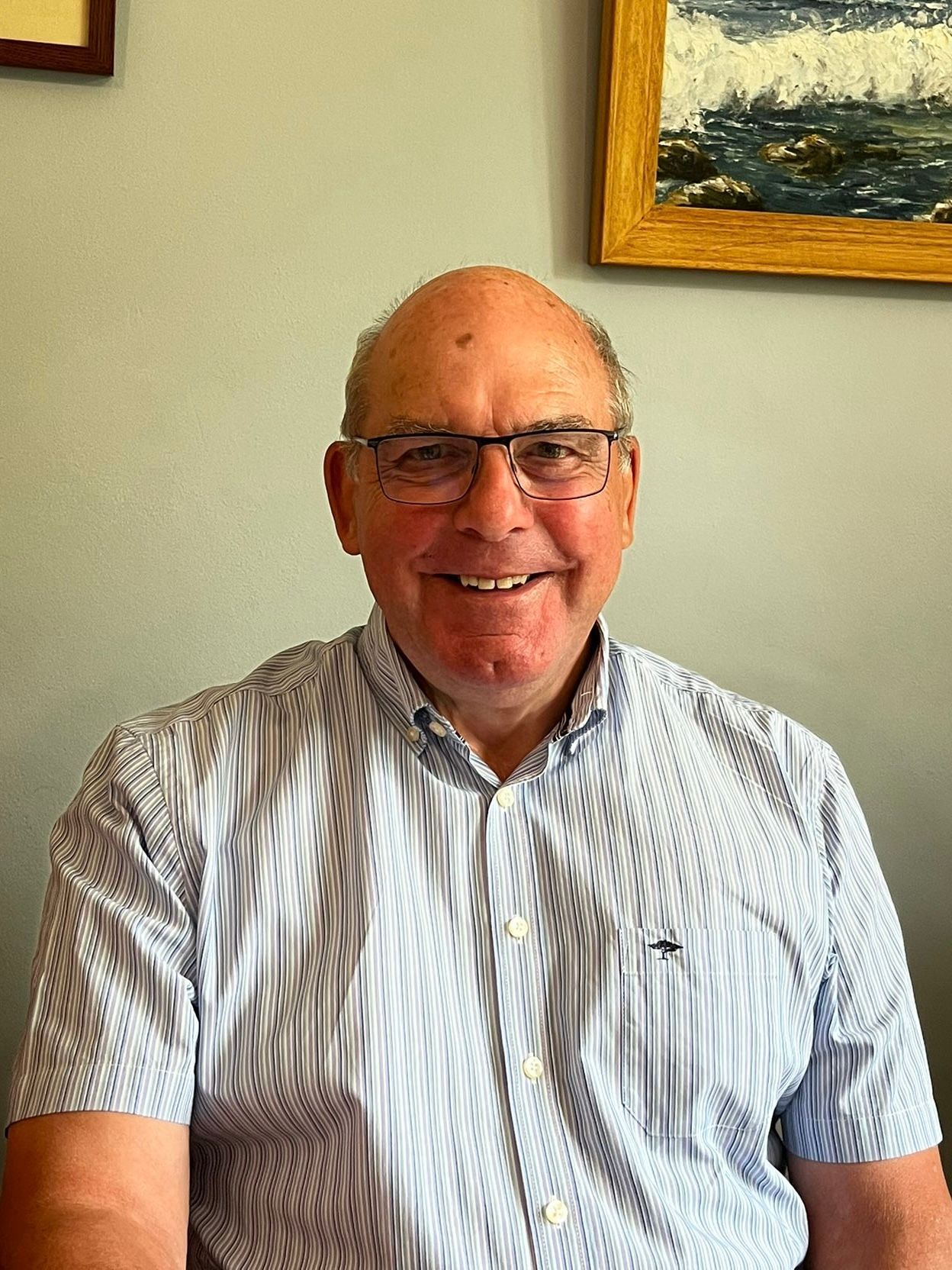 Bald man with glasses smiles, wearing a blue striped shirt. Picture of a seascape hangs above.