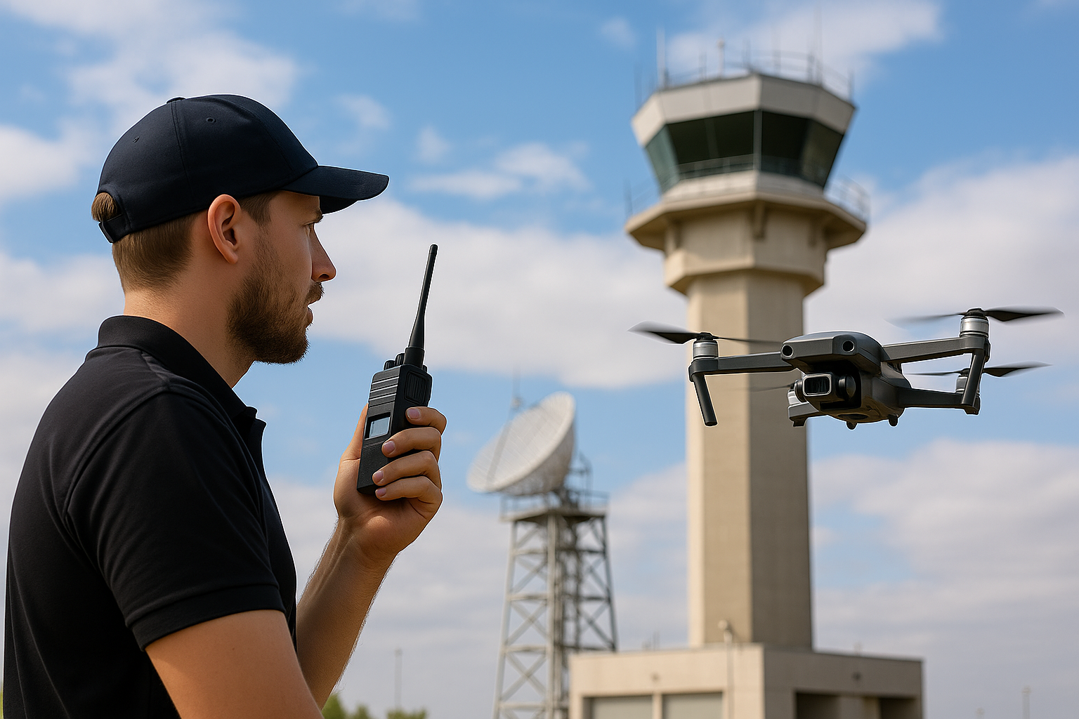 Drone pilot communicates with air traffic control for remote BVLOS flight clearance