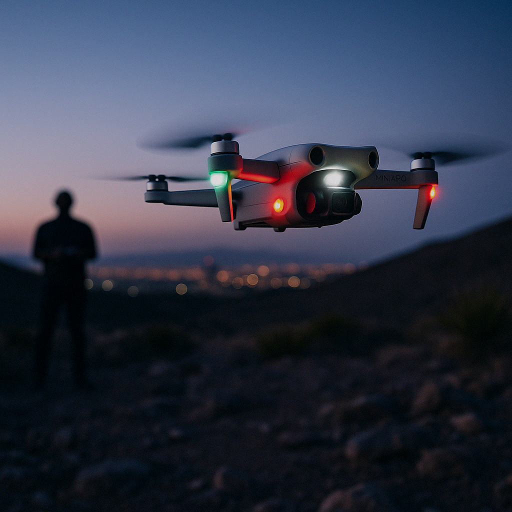 DJI Mini 4 Pro equipped with a bright red anti-collision strobe light flying in low-light desert conditions