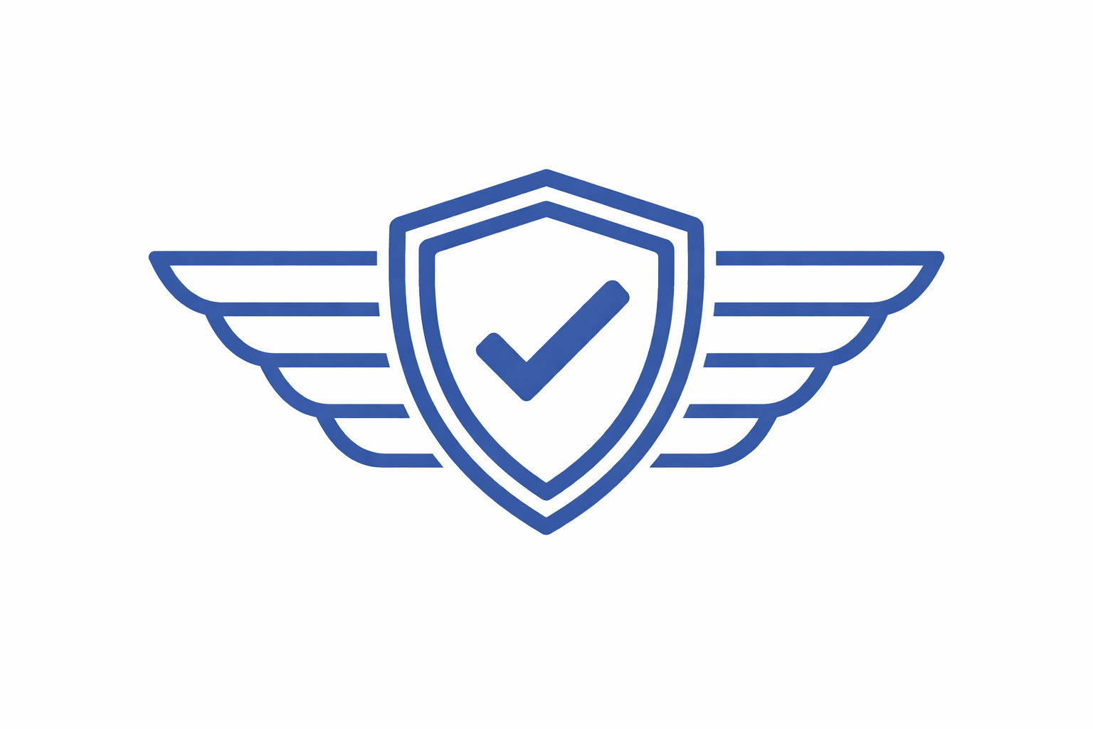 Blue shield with checkmark, aviation wings.