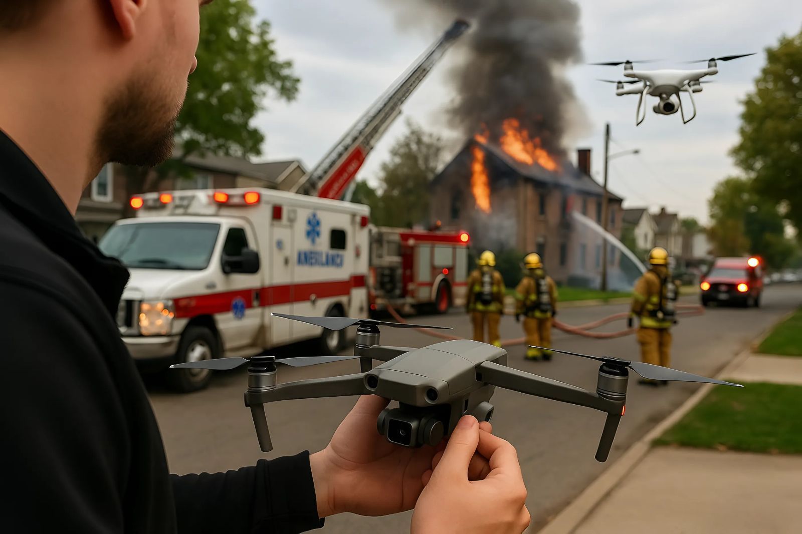 Drone operator assisting emergency response team using BVLOS for real-time data during a disaster scene