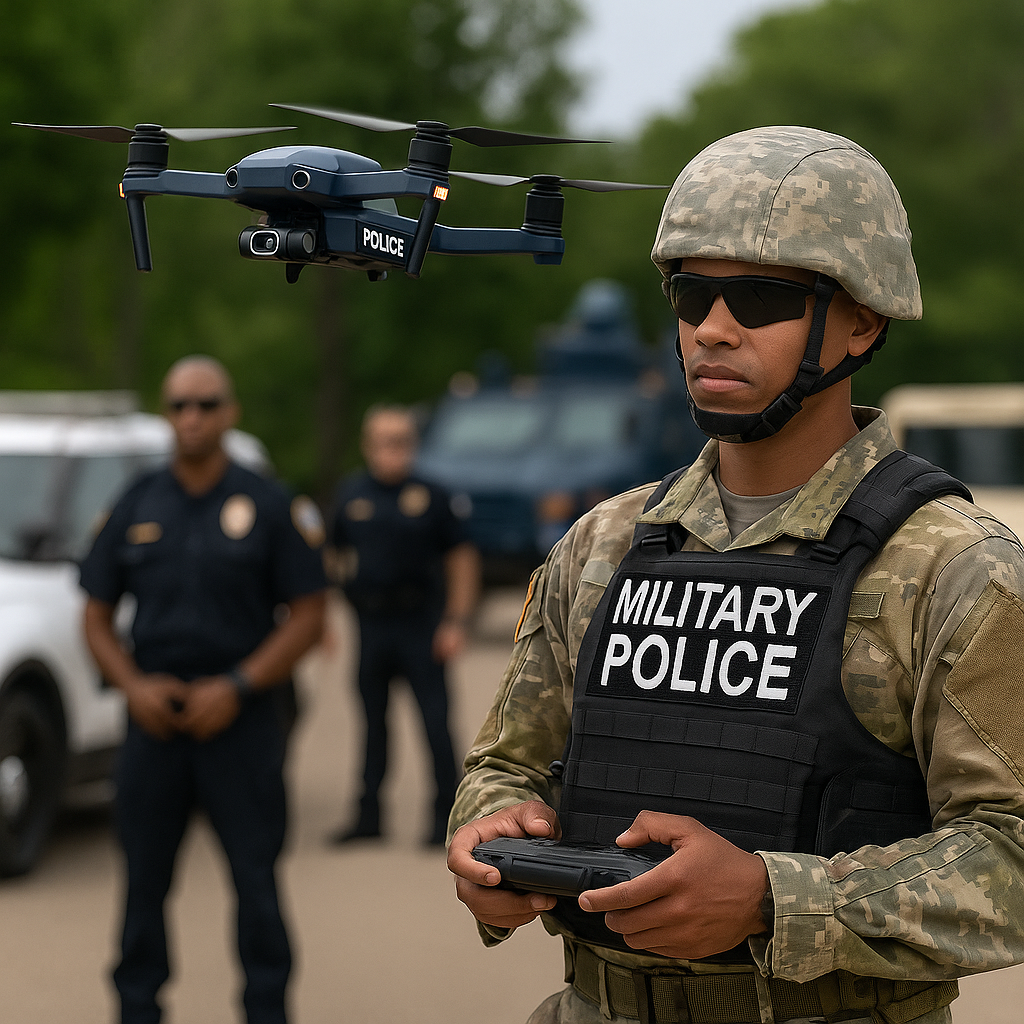 U.S. Military Police officer operating a drone during tactical training
