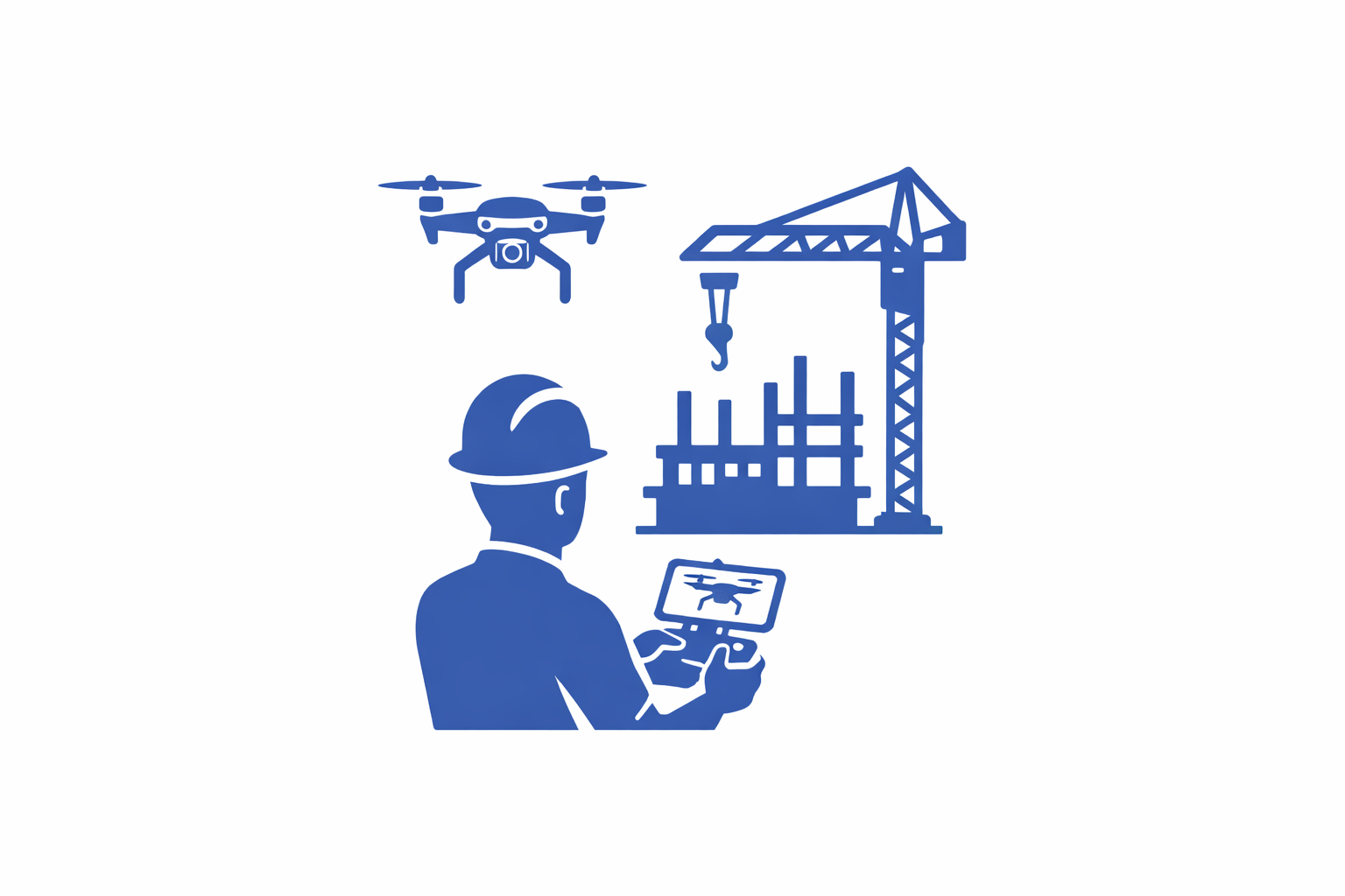 Blue illustration of a construction worker using a tablet to control a drone at a construction site.