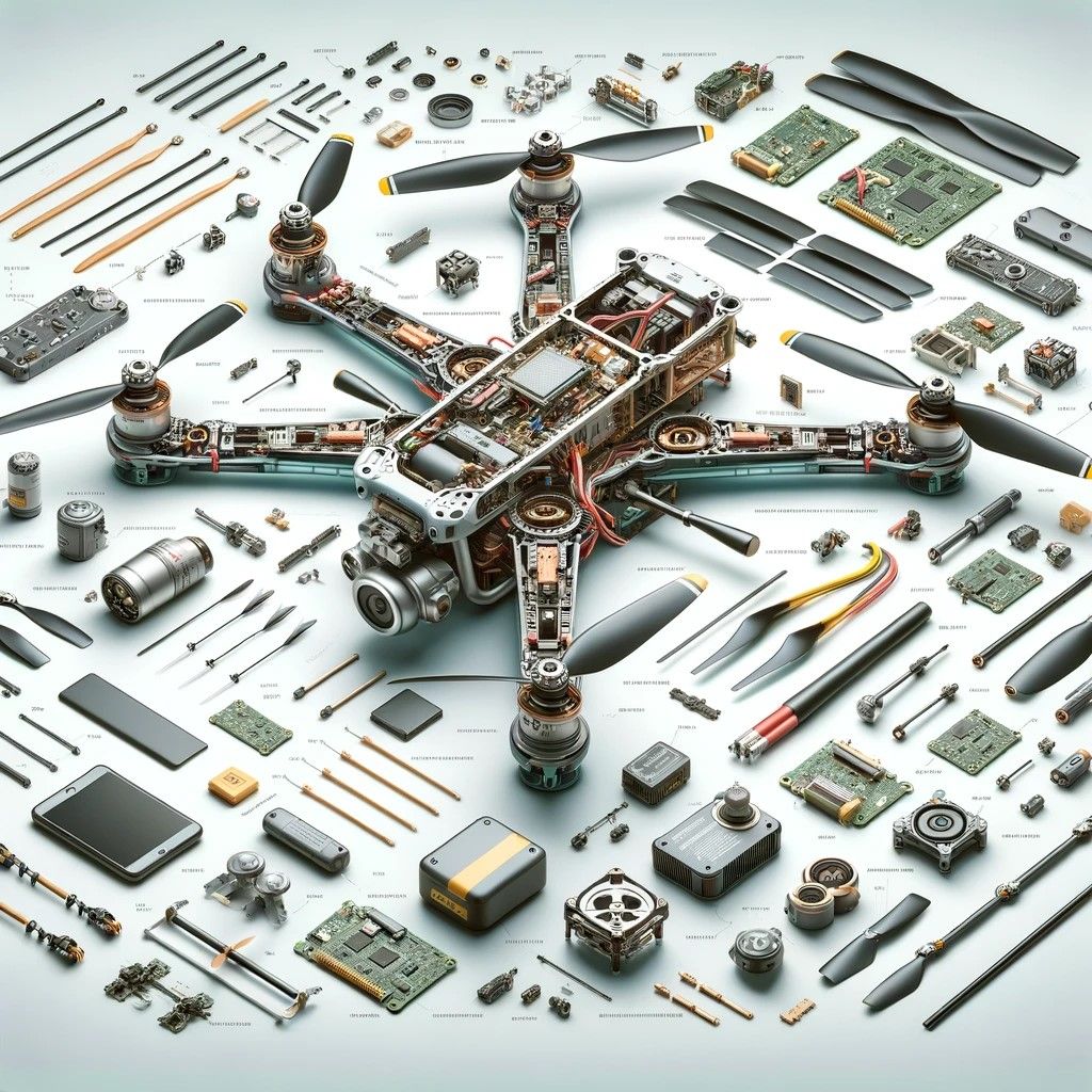The image provides a detailed look at the components of a modern drone, showcased in an exploded view for clarity on each part's role and placement. It covers the main body, propellers, motors, battery, camera system, GPS module, flight controller, and electronic speed controllers, among others. This visual guide is designed to educate and highlight the intricate engineering behind modern drone technology.