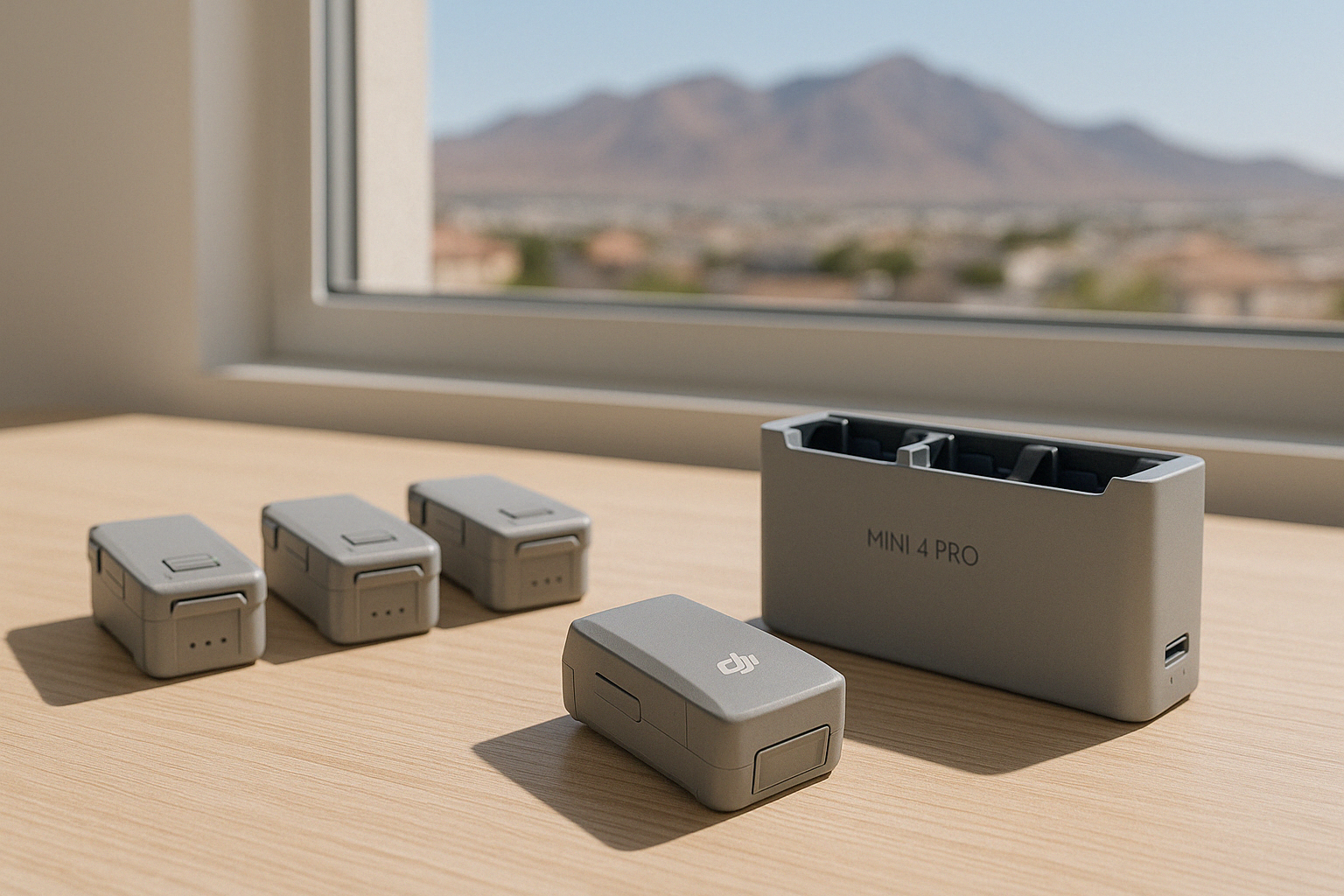 DJI Mini 4 Pro batteries displayed beside a charging hub in a desert setting near the Franklin Mountains
