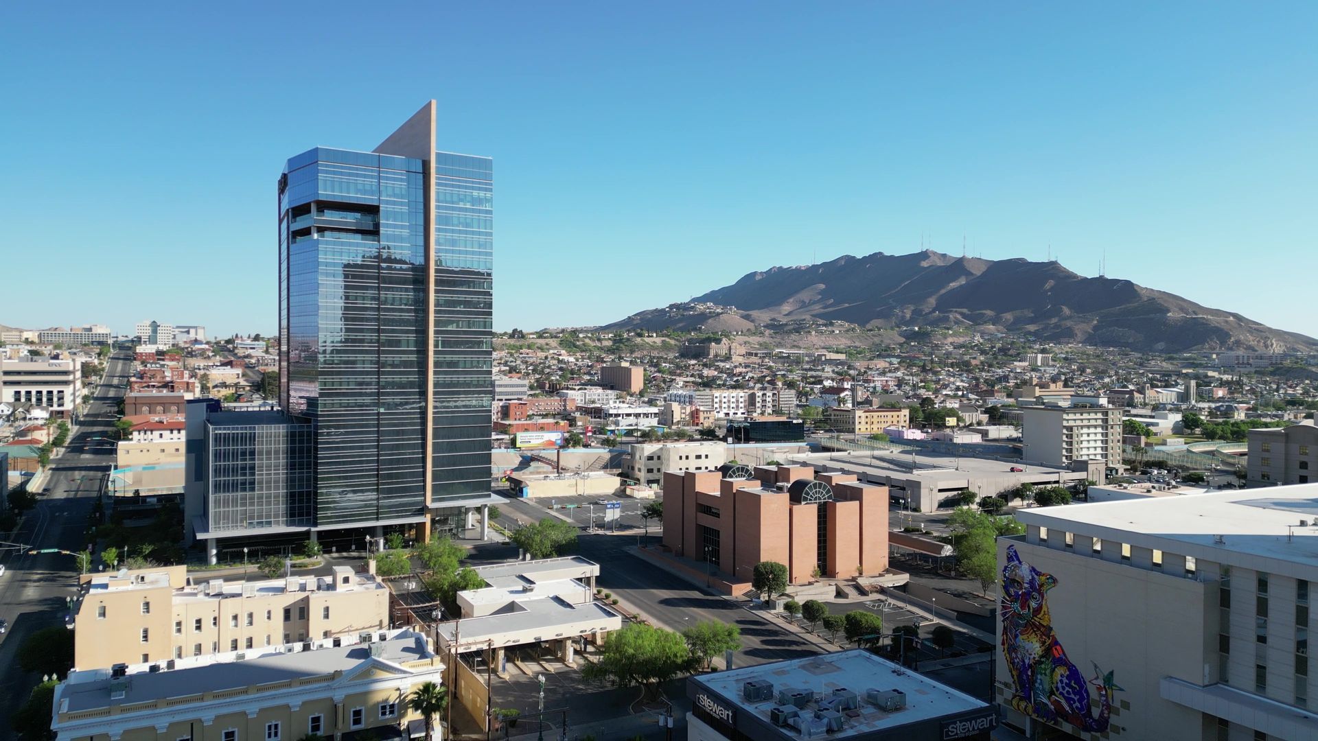 Aerial photo of downtown El Paso, Texas, showcasing city buildings and streets.