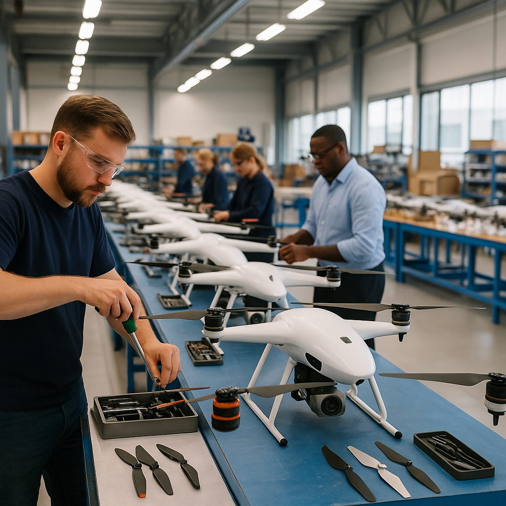 Technicians assemble drones on U.S. aerospace manufacturing line for defense and commercial applications