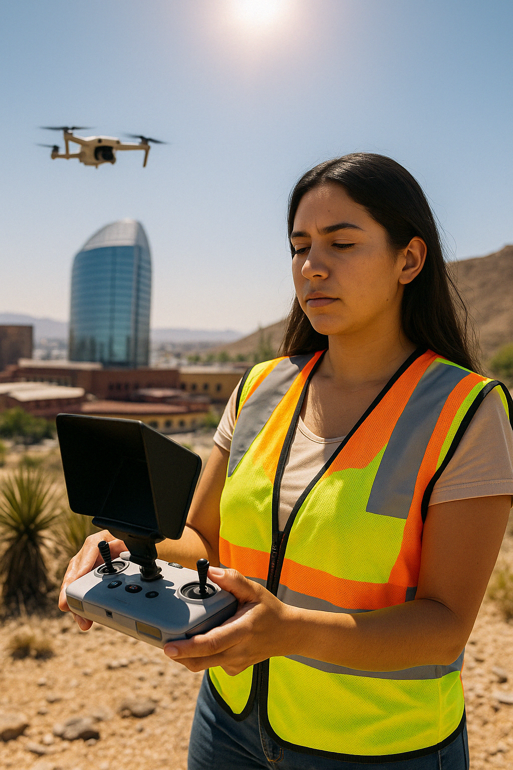 Latina drone pilot flying in bright sun with a controller equipped with a sun hood in downtown El Paso